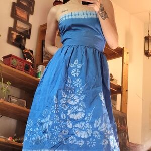 Bette Of Jamaica Vintage Batik Blue Strapless Back Tie 60s Dress - Size S/M